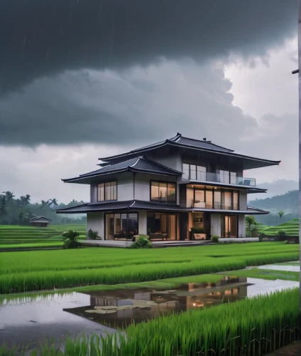 ricefield,rice fields,asian architecture,the rice field,rice field,rice paddies,japanese architecture,rice cultivation,beautiful home,house by the water,house with lake,home landscape,lonely house,rice terrace,yamada's rice fields,paddy field,wooden house,rainy season,house insurance,monsoon banner,Photography,General,Natural