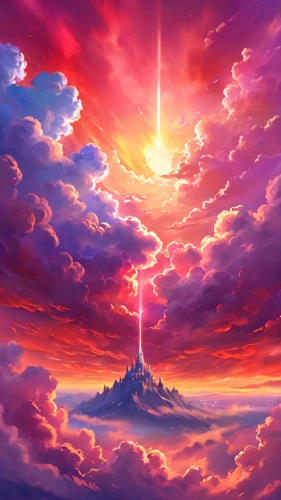 god rays,epic sky,fantasy landscape,the pillar of light,fantasy picture,dusk background,mountain sunrise,sunburst background,sunrise in the skies,sky,fire background,cg artwork,beacon,world digital painting,cloud mountain,celestial event,3d fantasy,landscape background,devil's tower,pillar of fire,Illustration,Realistic Fantasy,Realistic Fantasy 01