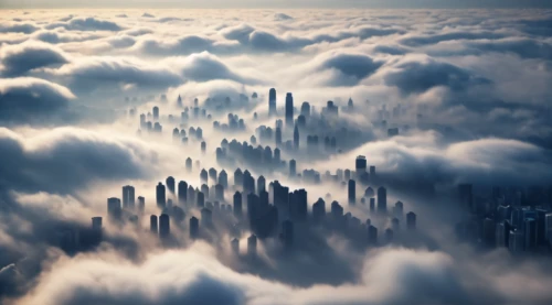 cloud towers,sea of fog,above the clouds,sea of clouds,skycraper,cloud mountains,sky city,wave of fog,aerial landscape,cloud mountain,fantasy city,skyscrapers,high fog,metropolis,fall from the clouds,chinese clouds,north american fog,cloud bank,foggy landscape,urban towers