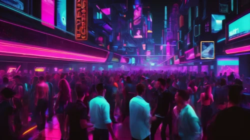 nightclub,nightlife,clubbing,crowds,dance club,neon lights,neon ghosts,rave,cyberpunk,neon light,colored lights,crowd,colorful city,neon drinks,cinema strip,ultraviolet,shinjuku,neon arrows,neon,80s,Conceptual Art,Sci-Fi,Sci-Fi 26