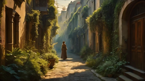 narrow street,alley,old linden alley,alleyway,violet evergarden,passage,montmartre,french digital background,tuscan,evening atmosphere,riad,world digital painting,rome,girl walking away,italy,venezia,florence,italian painter,trastevere,provence,Conceptual Art,Fantasy,Fantasy 05