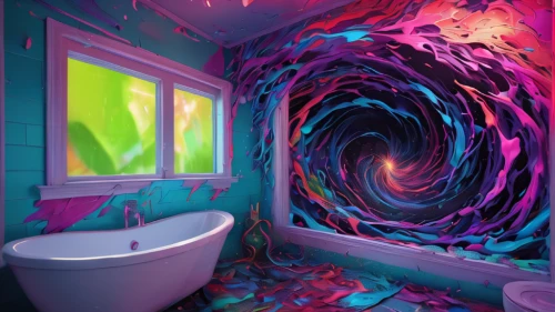 psychedelic art,abandoned room,bathroom,ufo interior,washroom,the little girl's room,panoramical,wormhole,trippy,psychedelic,bathtub,vortex,toilet,color wall,doctor's room,restroom,shower of sparks,luxury bathroom,colorful spiral,wall,Conceptual Art,Fantasy,Fantasy 19