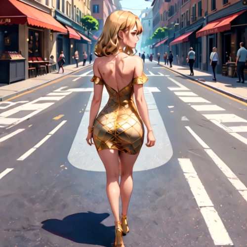 girl walking away,pedestrian,woman walking,a pedestrian,world digital painting,shopping street,crosswalk,on the street,pedestrian crossing,blonde girl,blond girl,fashion street,girl with bread-and-butter,blonde woman,crossroad,a girl in a dress,cocktail dress,street life,pollen panties,golden leaf