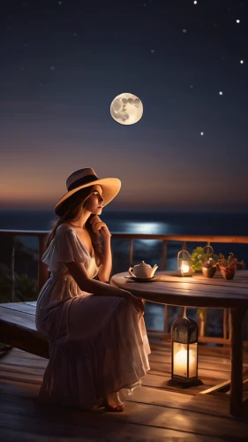 romantic night,romantic scene,romantic dinner,moonlit night,evening atmosphere,the girl in nightie,the night of kupala,woman at cafe,summer evening,romantic look,fantasy picture,night scene,moonlit,moonrise,romantic portrait,moon night,sea night,tea-lights,woman drinking coffee,moonshine,Photography,General,Commercial