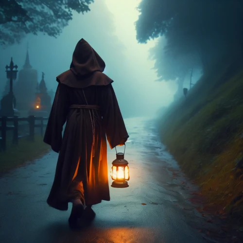 lamplighter,lantern,hooded man,pilgrimage,monks,grimm reaper,illuminated lantern,the wanderer,fantasy picture,the mystical path,pilgrim,grave light,sleepwalker,cloak,dark art,light of night,monk,gas lamp,searchlamp,candlemaker