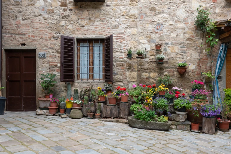 colorful flower pots are outside of a building