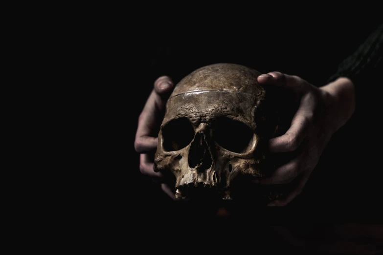 an old and rotting human skull held by two hands