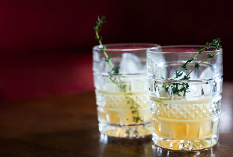 two glasses are full of white wine and fresh herbs