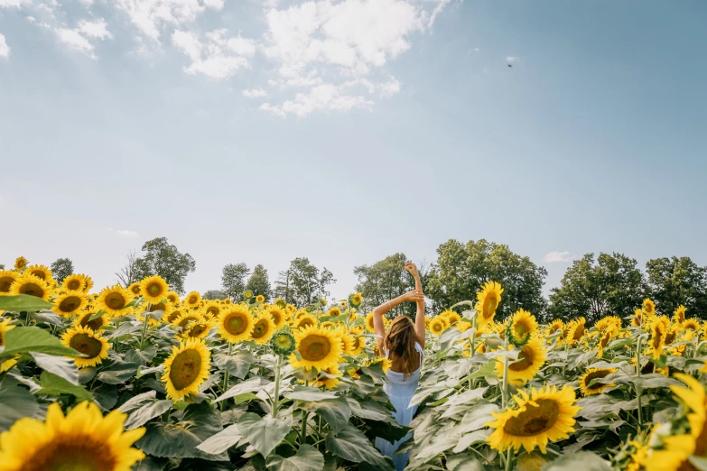 a person with their arms up and hand raised in the air in front of a large sunflower field