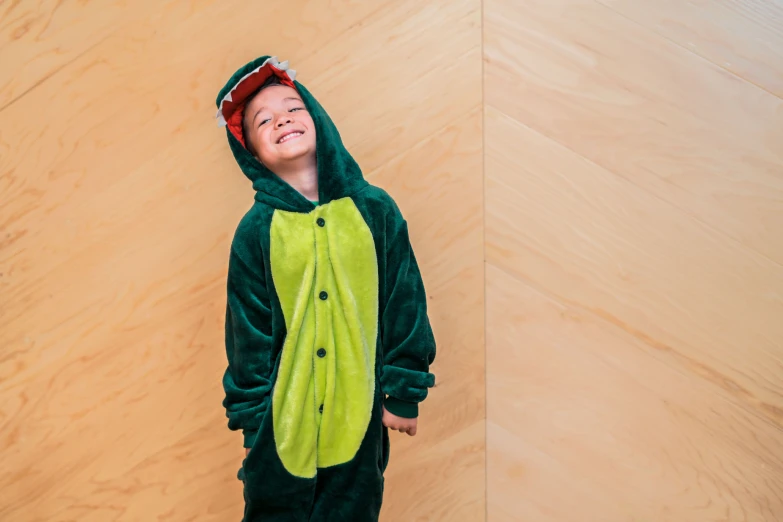 there is a small child in a green hooded animal costume