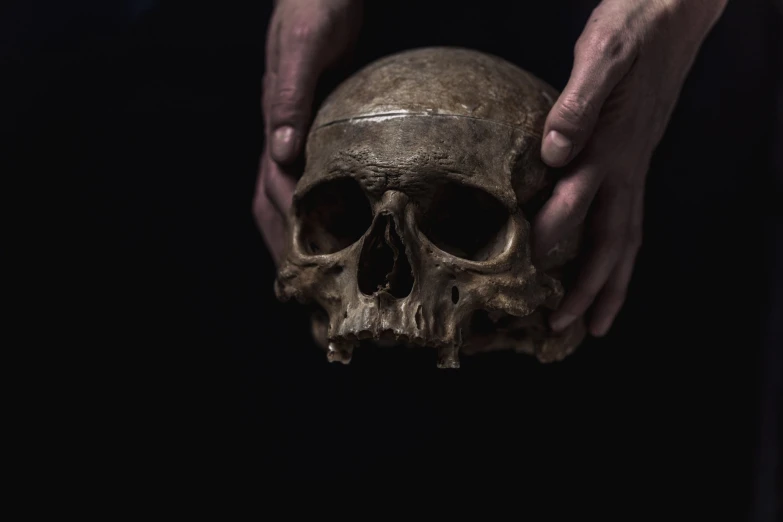 a person holding an adult human skull with one hand