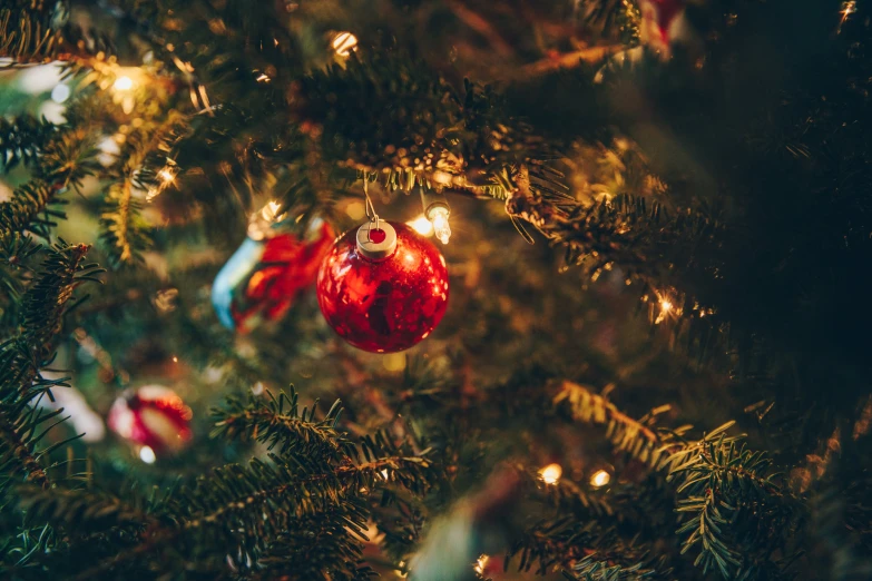 a close up of a christmas tree with ornaments