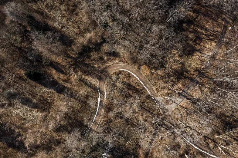 an aerial view of the path through a wooded area