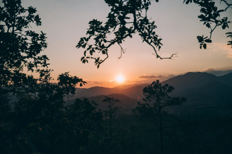 the sun is setting behind some trees