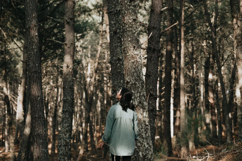 a woman looking at the trees in the forest