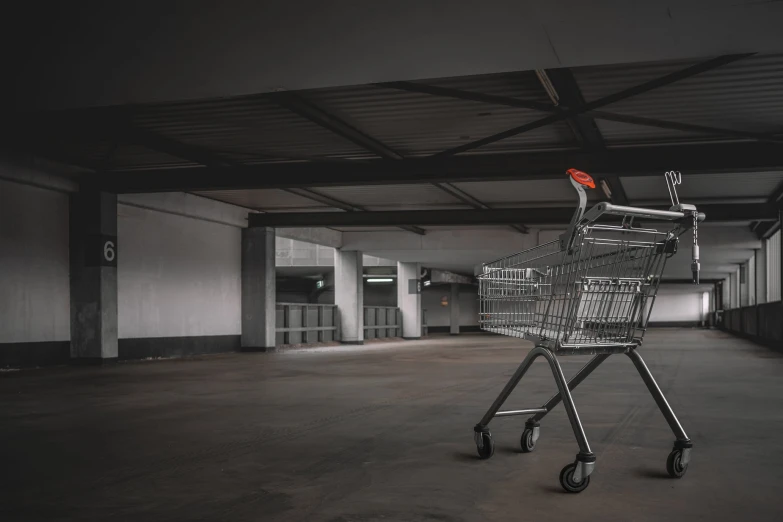 a shopping cart in an abandoned building