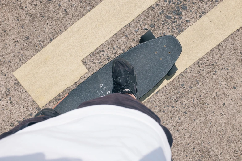 an overhead view of feet with an upside down skateboard