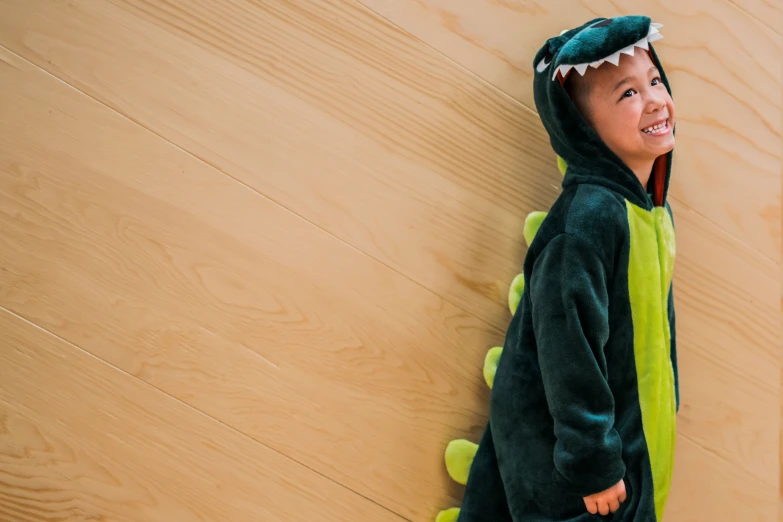 a young child wearing a costume with green and yellow dinosaur print