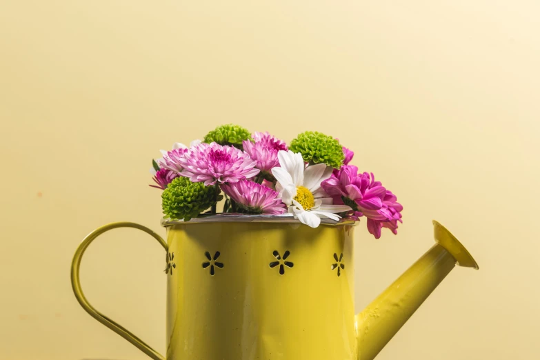 a watering can with flowers and a watering hose on it