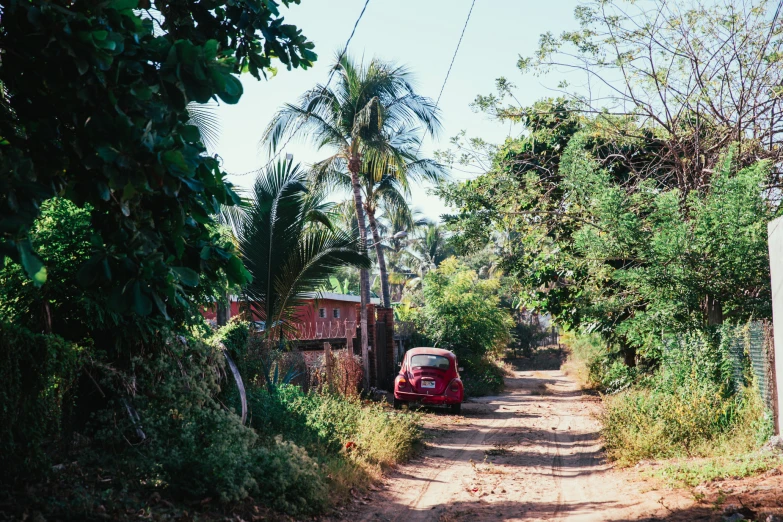 a small vehicle is parked along a dirt road