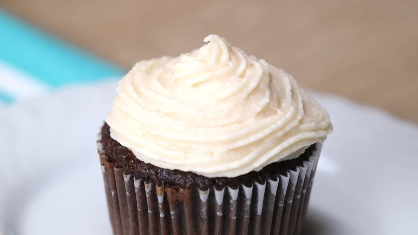 a chocolate cupcake topped with white frosting