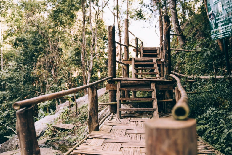 a bridge made of logs with stairs leading into the woods