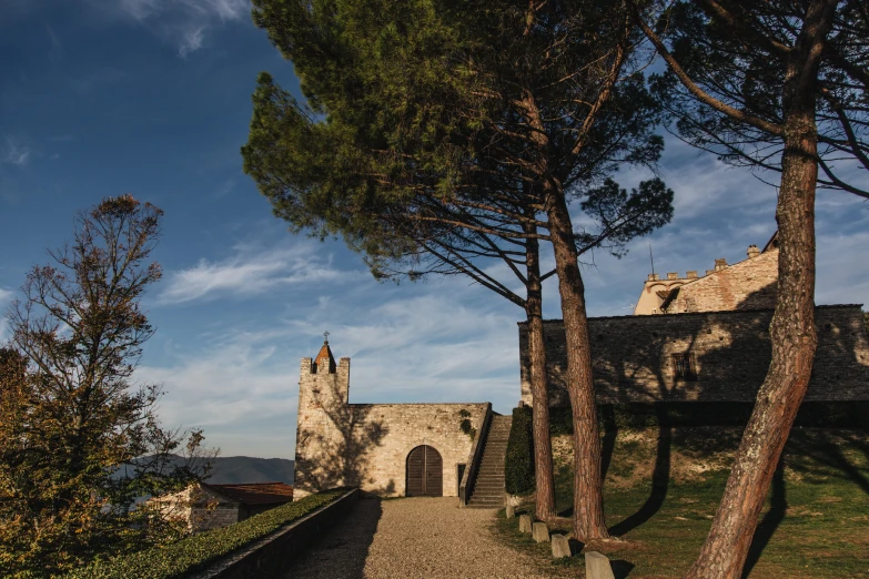 a walkway leading up to an old castle with trees around it