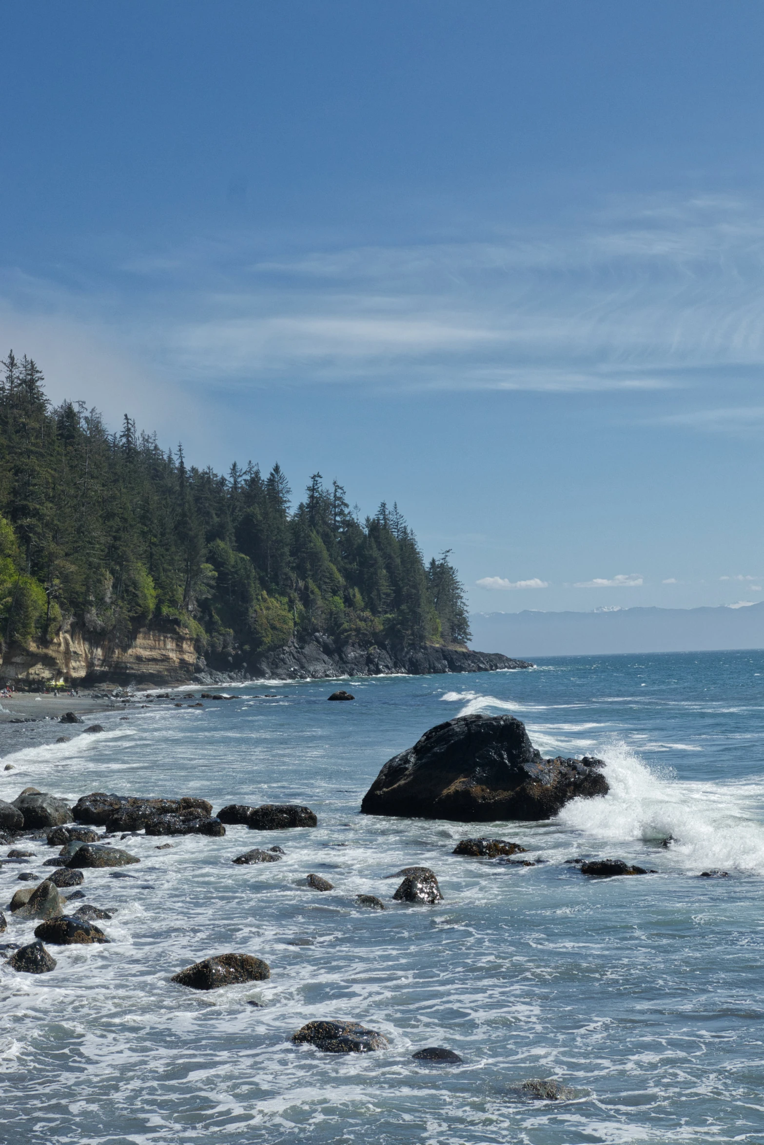 the rocks on the shore are surrounded by green trees