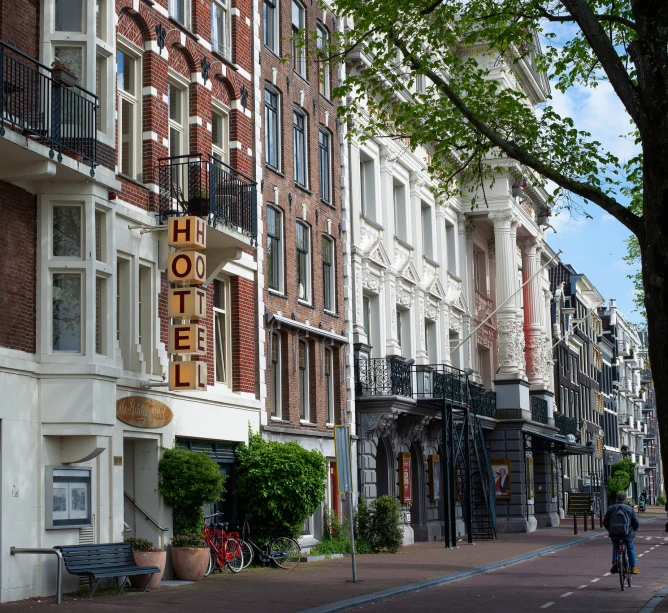 a street lined with tall brick buildings next to a tree