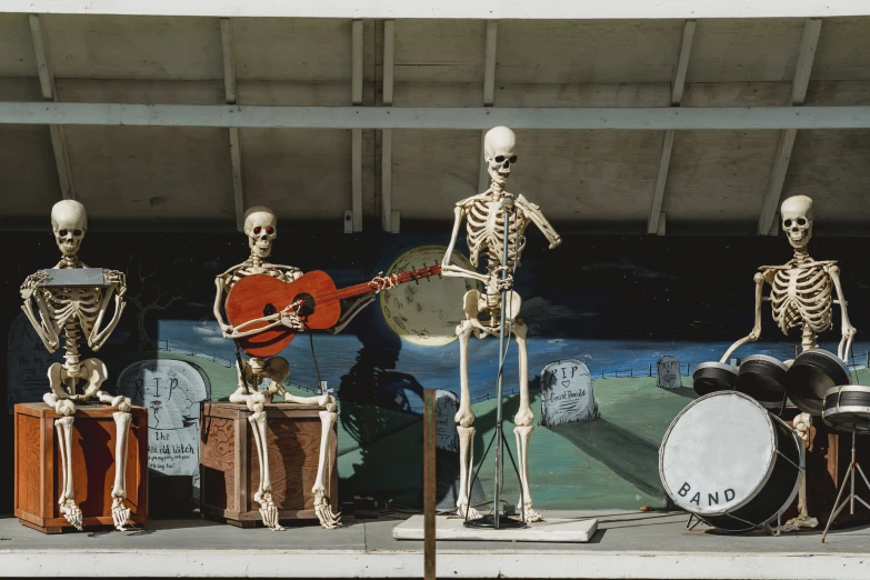 skeleton skeletons playing instruments and guitars on display