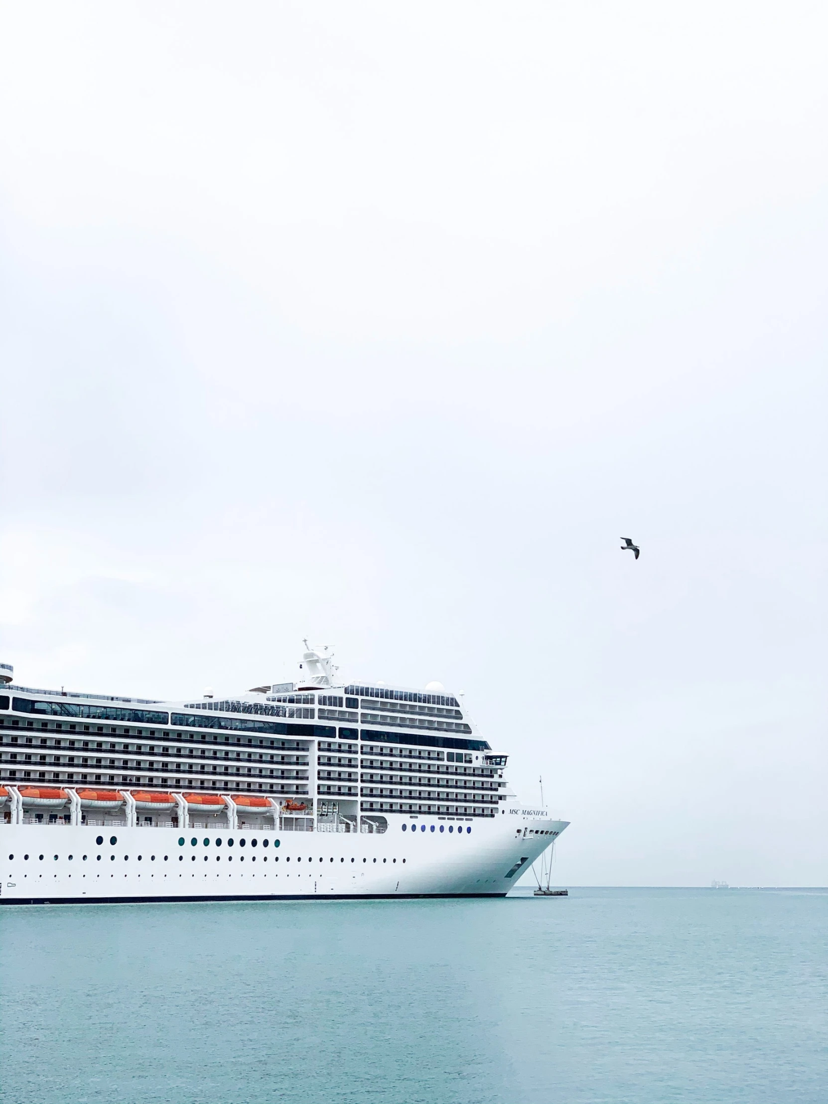 a cruise ship is docked in a calm bay