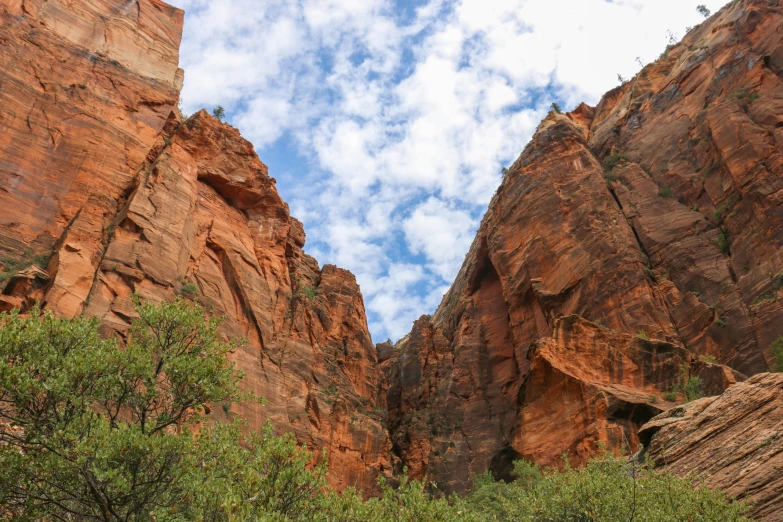 a group of people are walking through the tall mountains