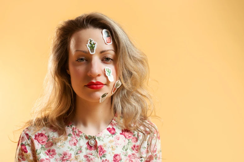 a woman with fake make - up standing near her face