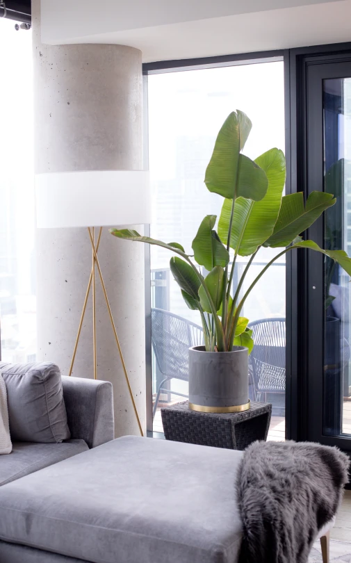 a living room that has an ottoman and a table with a vase on top