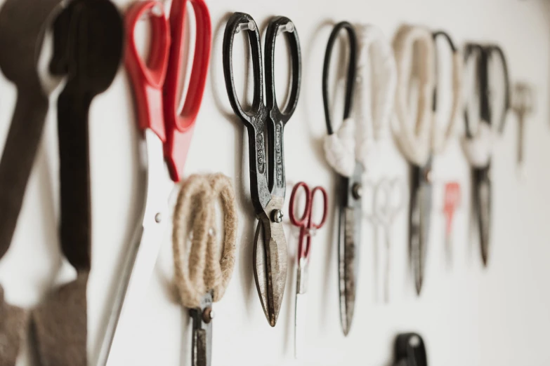 a bunch of scissors are hanging on a wall