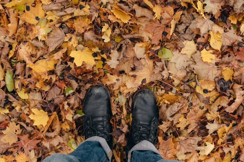the person standing in front of leaves is wearing boots