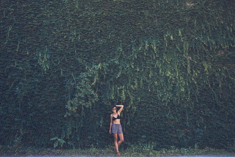 a woman standing under a large hedge in the yard