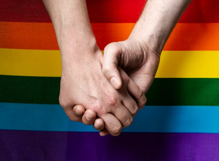 two people holding hands in front of a rainbow flag