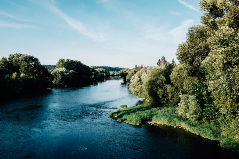 an empty river flowing between trees and land