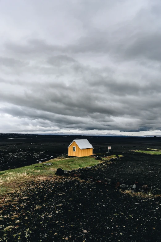 two small cabins in an open, empty field