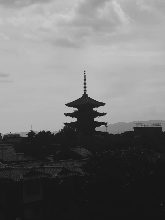 a black and white po of a pagoda