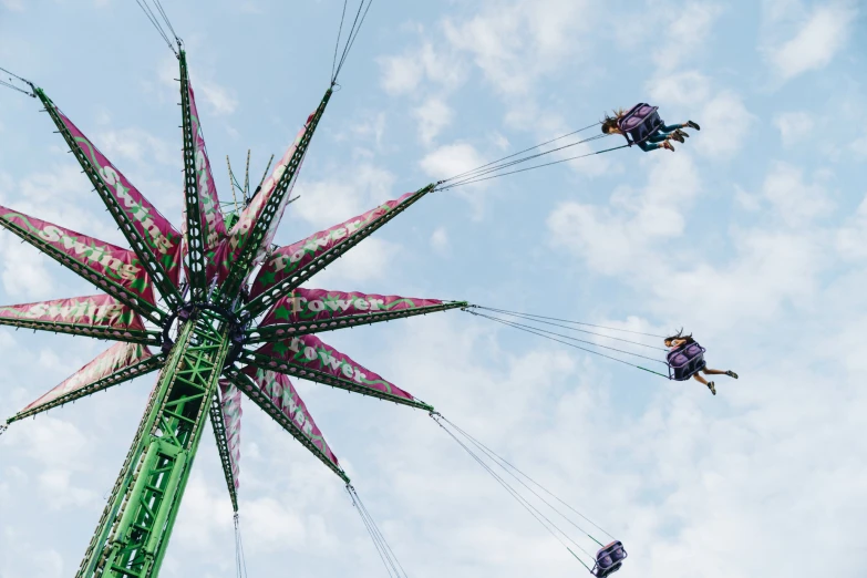 four people are in the air on a big wheel