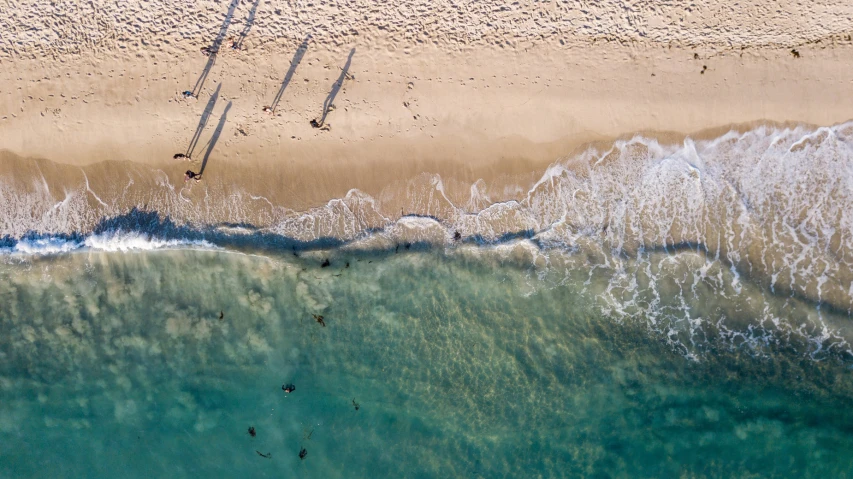 an overhead view of a beach with surf and swimmers