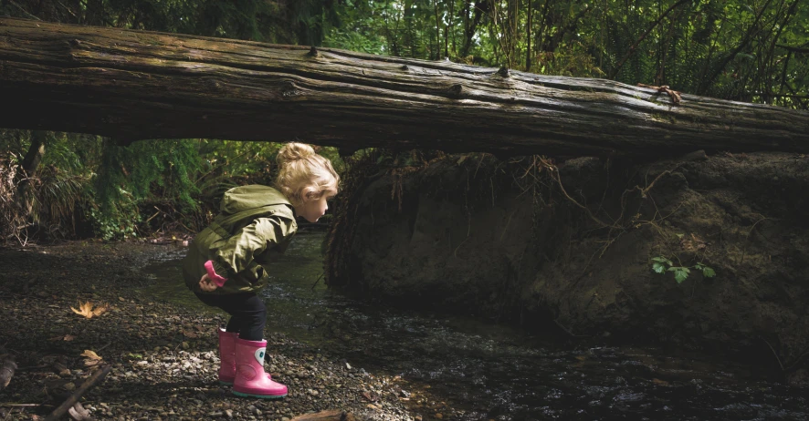 a little girl standing under a fallen tree in a creek