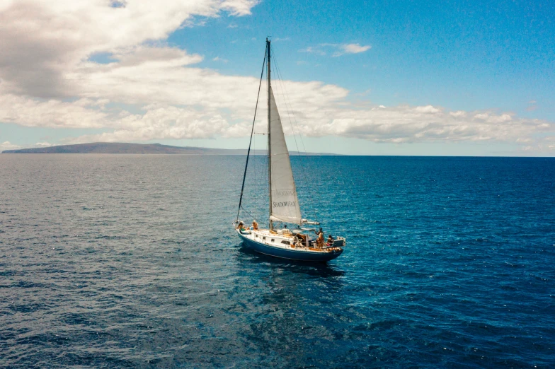 a sailboat on the water under blue skies