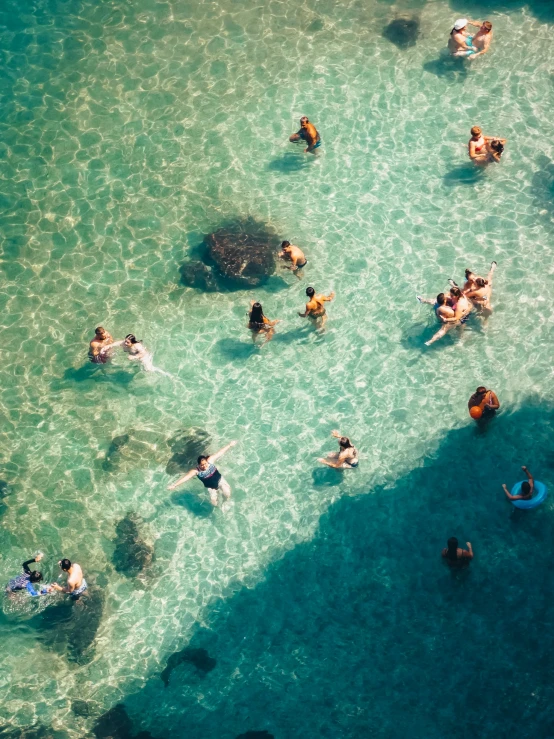 a group of people floating in clear blue water