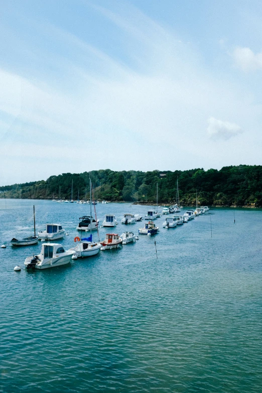 a long line of boats floating in water