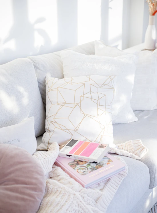 a white couch topped with pillows and books