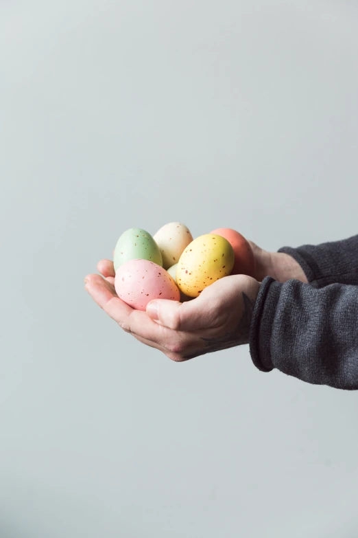 a hand holds five small eggs in a palm