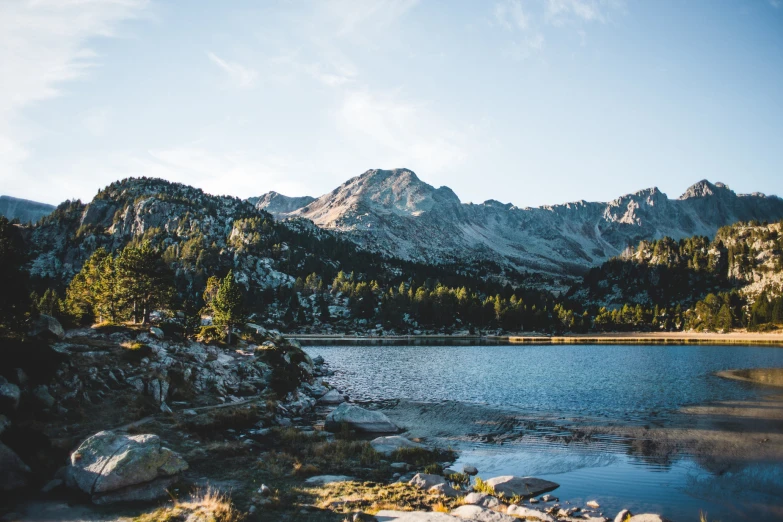 a lake with mountains and rocks near it